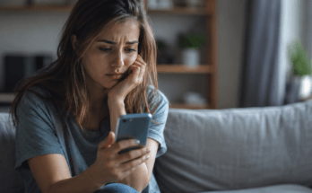 Woman looking at her phone after hearing from an ex who reached out and then disappeared again after a breakup.