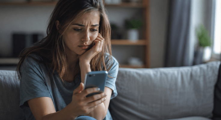 Woman looking at her phone after hearing from an ex who reached out and then disappeared again after a breakup.