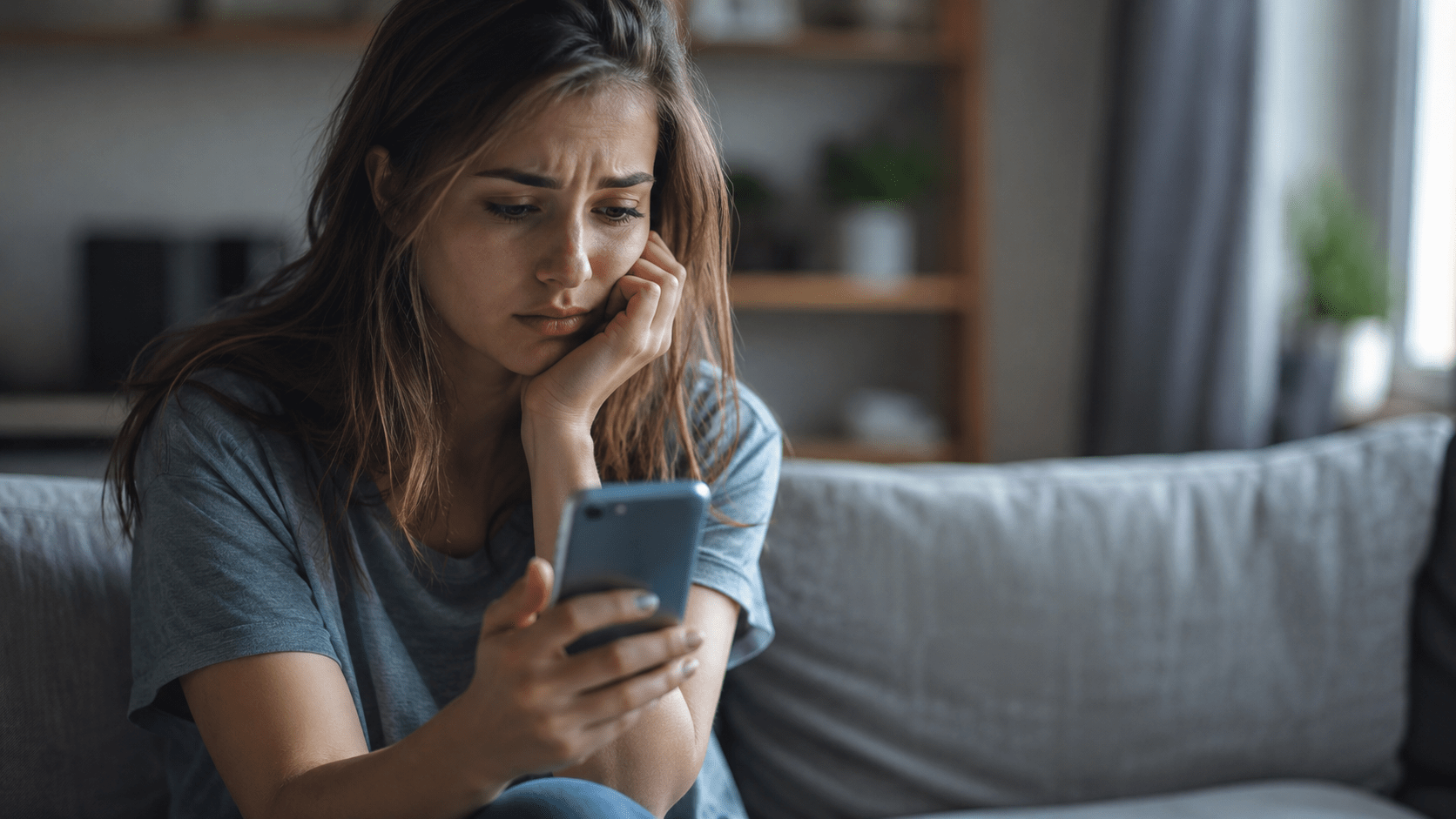 Woman looking at her phone after hearing from an ex who reached out and then disappeared again after a breakup.