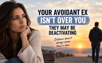 Woman reflecting after a breakup as her avoidant ex walks away, illustrating avoidant deactivation and emotional distance.