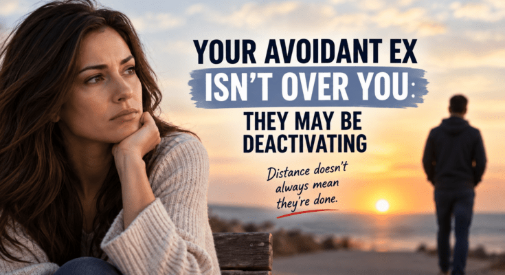 Woman reflecting after a breakup as her avoidant ex walks away, illustrating avoidant deactivation and emotional distance.