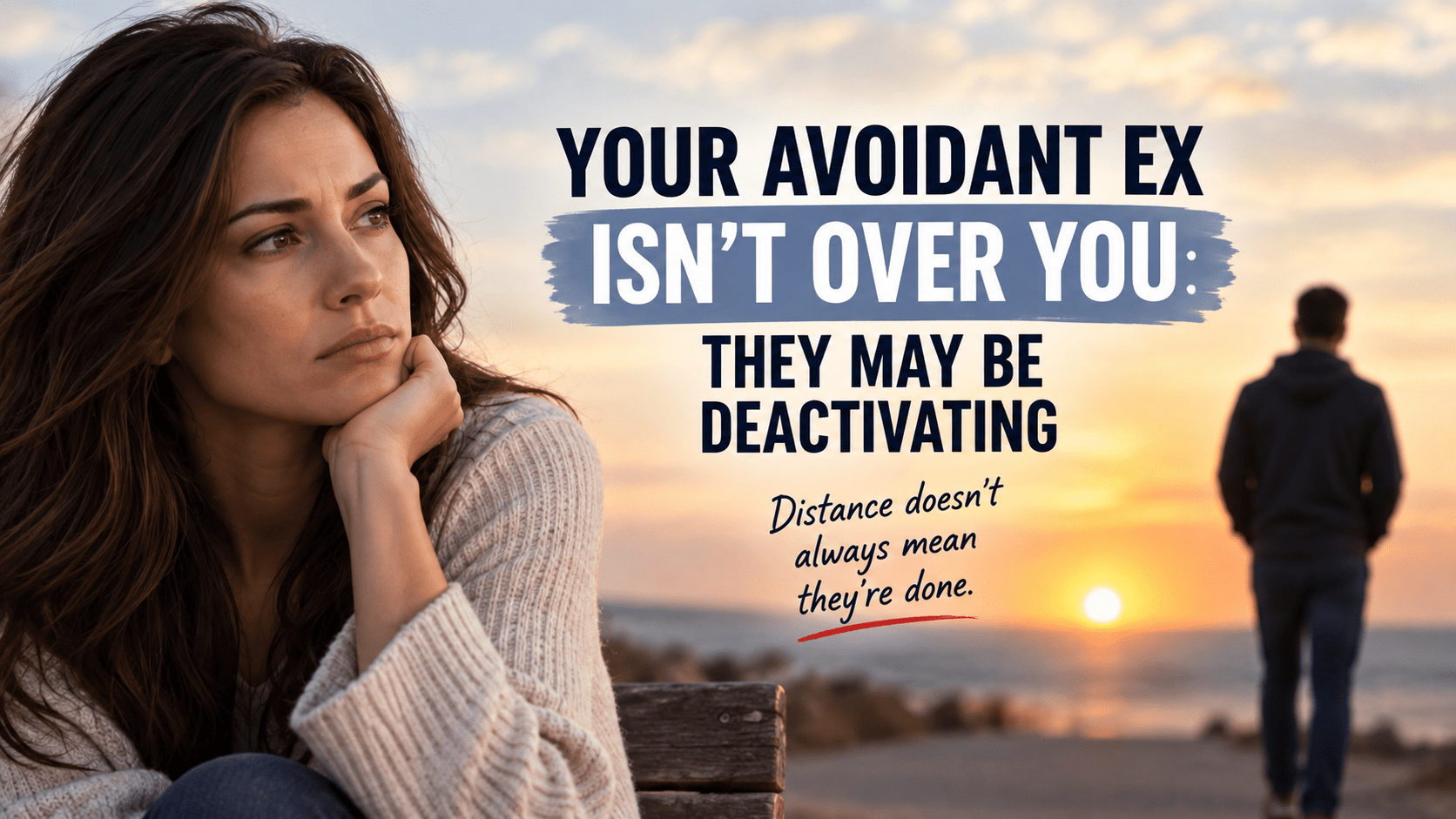 Woman reflecting after a breakup as her avoidant ex walks away, illustrating avoidant deactivation and emotional distance.