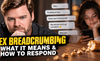 Coach Lee explains ex breadcrumbing, featuring a man looking thoughtfully at his phone, a woman texting, and occasional messages from an ex such as "Thinking of you" and "Miss you."