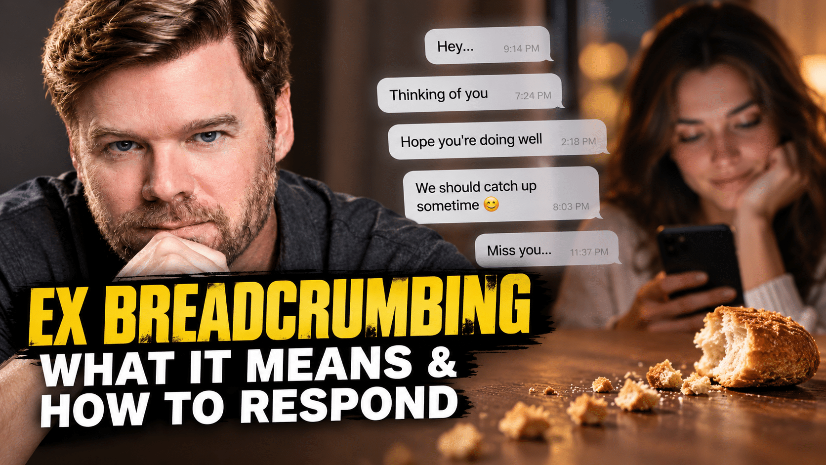 Coach Lee explains ex breadcrumbing, featuring a man looking thoughtfully at his phone, a woman texting, and occasional messages from an ex such as "Thinking of you" and "Miss you."